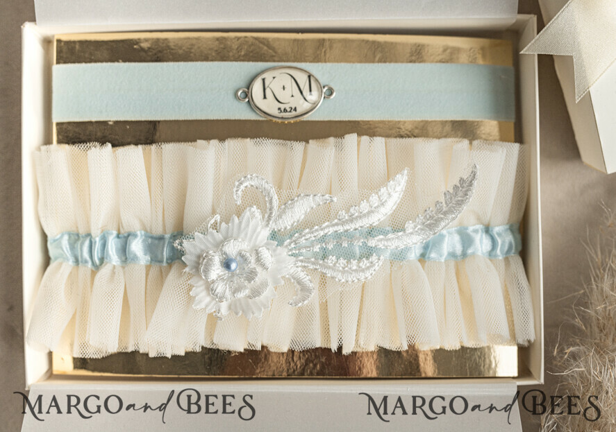 BRIDE bolero, robes, garter GARTER FOR BRIDE Set of Two gartes, personalised wedding garter in box, something blue tulle garter & personalised toss set, garter for bride, bridal shower gift for bride, tulle garter set, gift for bride, toss garter