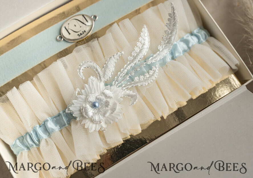 BRIDE bolero, robes, garter GARTER FOR BRIDE Set of Two gartes, personalised wedding garter in box, something blue tulle garter & personalised toss set, garter for bride, bridal shower gift for bride, tulle garter set, gift for bride, toss garter