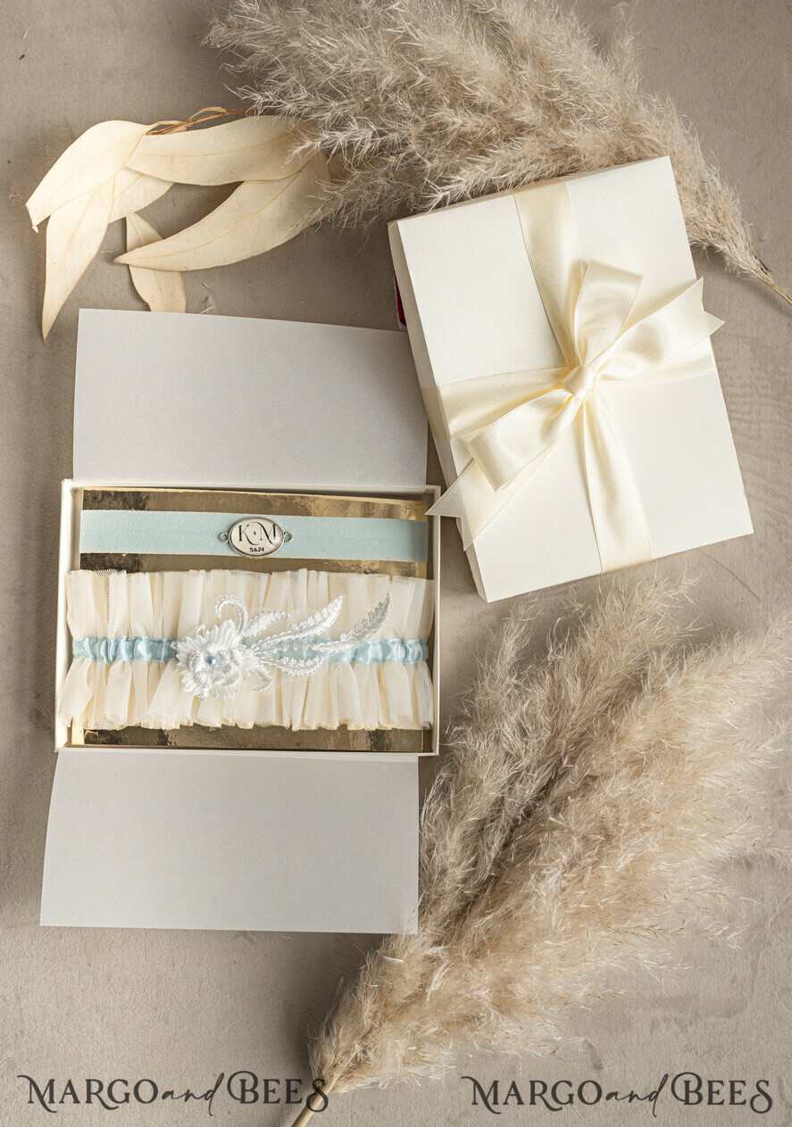 BRIDE bolero, robes, garter GARTER FOR BRIDE Set of Two gartes, personalised wedding garter in box, something blue tulle garter & personalised toss set, garter for bride, bridal shower gift for bride, tulle garter set, gift for bride, toss garter