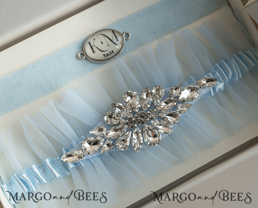 BRIDE bolero, robes, garter GARTER FOR BRIDE Set of Two gartes, personalised wedding garter in box, something blue tulle garter & personalised toss set, garter for bride, bridal shower gift for bride, tulle garter set, gift for bride, toss garter