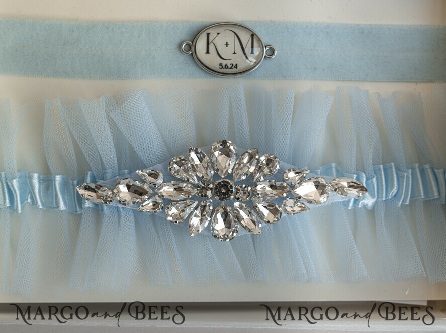 BRIDE bolero, robes, garter GARTER FOR BRIDE Set of Two gartes, personalised wedding garter in box, something blue tulle garter & personalised toss set, garter for bride, bridal shower gift for bride, tulle garter set, gift for bride, toss garter
