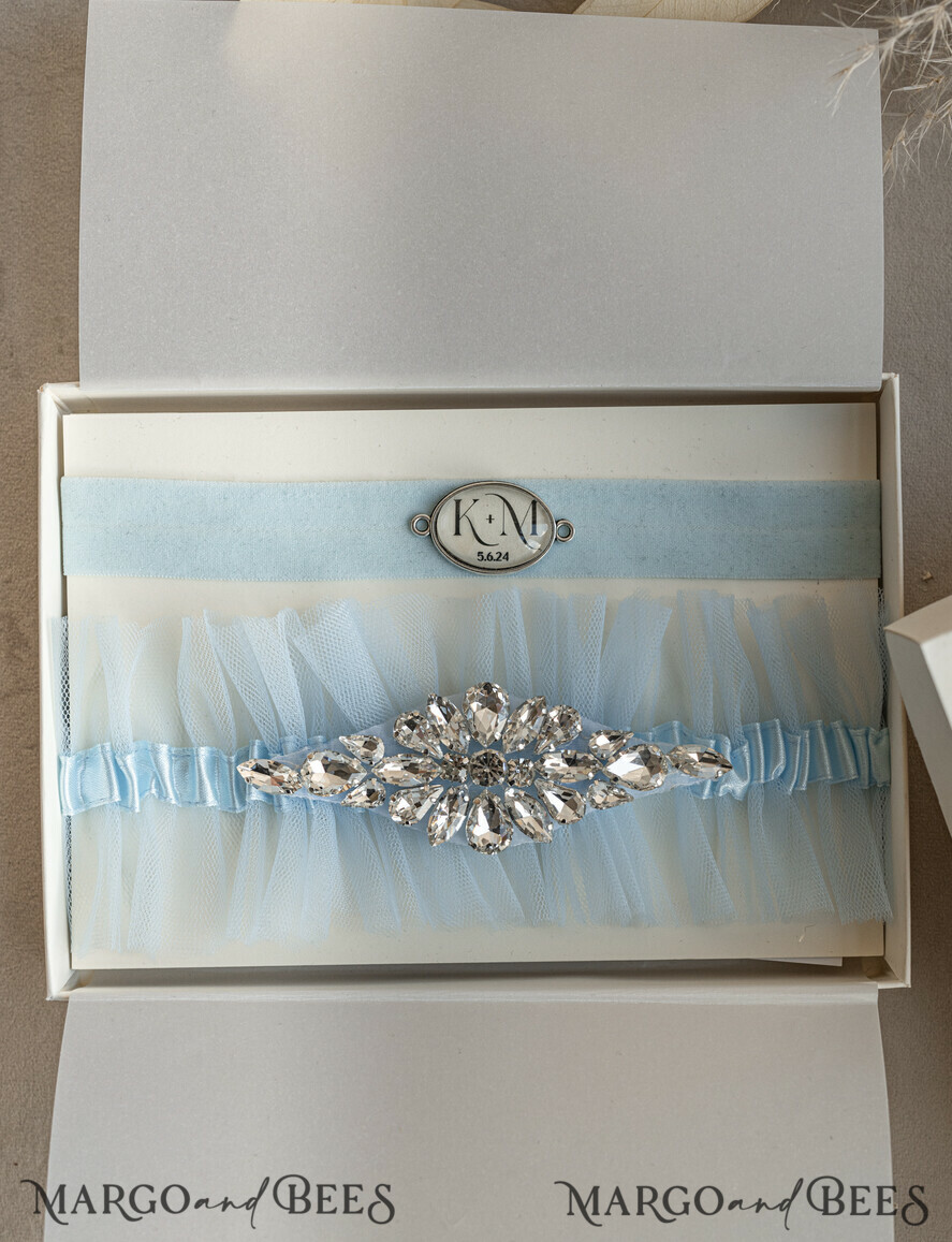 BRIDE bolero, robes, garter GARTER FOR BRIDE Set of Two gartes, personalised wedding garter in box, something blue tulle garter & personalised toss set, garter for bride, bridal shower gift for bride, tulle garter set, gift for bride, toss garter