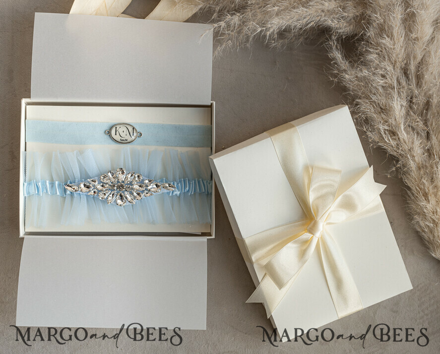 BRIDE bolero, robes, garter GARTER FOR BRIDE Set of Two gartes, personalised wedding garter in box, something blue tulle garter & personalised toss set, garter for bride, bridal shower gift for bride, tulle garter set, gift for bride, toss garter