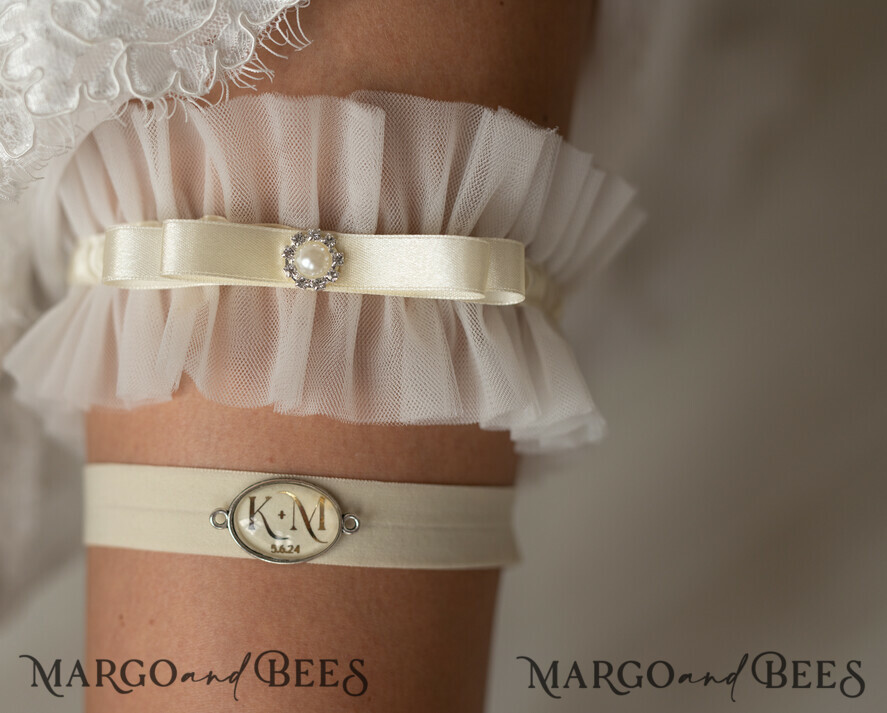 BRIDE bolero, robes, garter GARTER FOR BRIDE Set of Two gartes, personalised wedding garter in box, something blue tulle lace garter & personalised toss set, garter for bride, bridal shower gift for bride, ivory tulle garter set, gift for bride, toss garter
