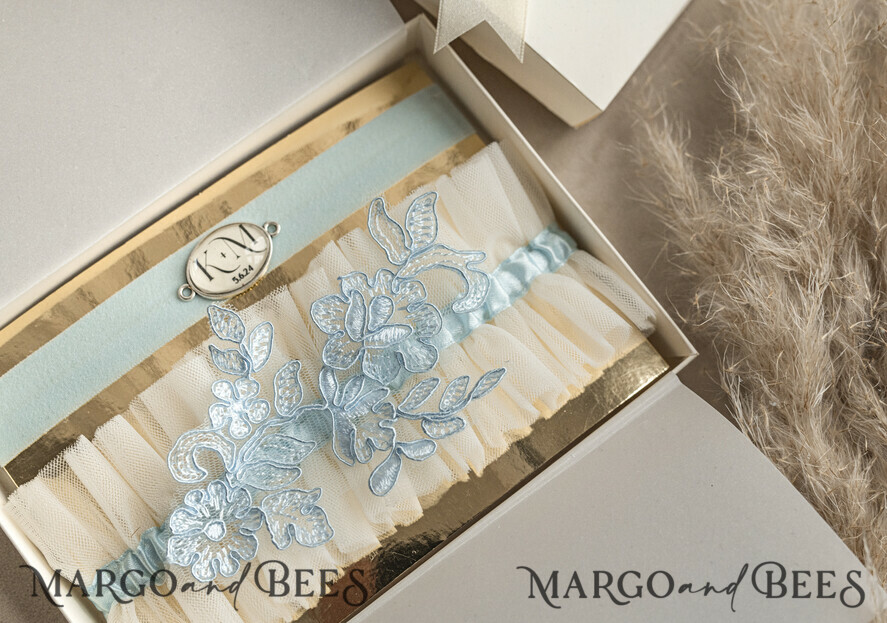 BRIDE bolero, robes, garter GARTER FOR BRIDE Set of Two gartes, personalised wedding garter in box, something blue tulle garter & personalised toss set, garter for bride, bridal shower gift for bride, tulle garter set, gift for bride, toss garter