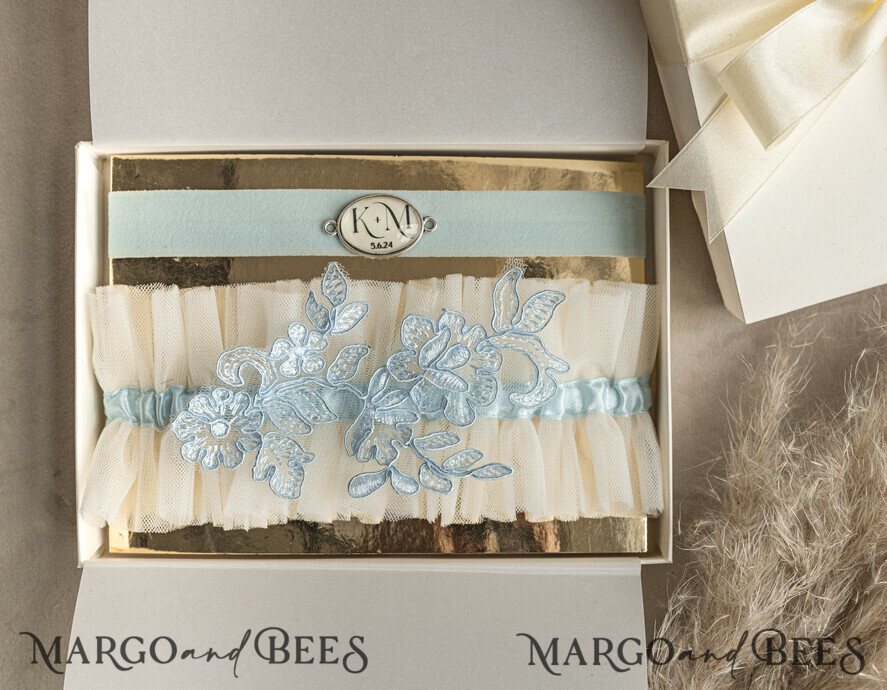 BRIDE bolero, robes, garter GARTER FOR BRIDE Set of Two gartes, personalised wedding garter in box, something blue tulle garter & personalised toss set, garter for bride, bridal shower gift for bride, tulle garter set, gift for bride, toss garter