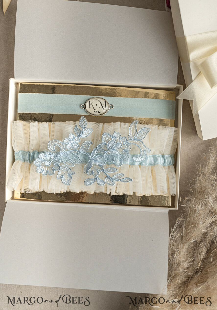 BRIDE bolero, robes, garter GARTER FOR BRIDE Set of Two gartes, personalised wedding garter in box, something blue tulle garter & personalised toss set, garter for bride, bridal shower gift for bride, tulle garter set, gift for bride, toss garter