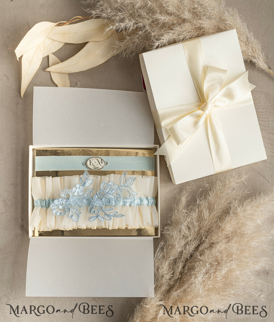 BRIDE bolero, robes, garter GARTER FOR BRIDE Set of Two gartes, personalised wedding garter in box, something blue tulle garter & personalised toss set, garter for bride, bridal shower gift for bride, tulle garter set, gift for bride, toss garter