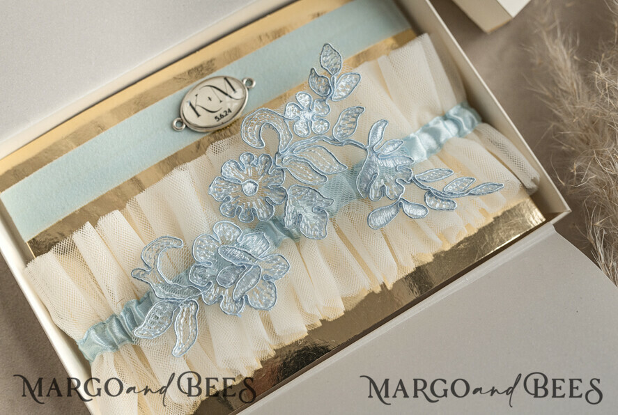 BRIDE bolero, robes, garter GARTER FOR BRIDE Set of Two gartes, personalised wedding garter in box, something blue tulle garter & personalised toss set, garter for bride, bridal shower gift for bride, tulle garter set, gift for bride, toss garter
