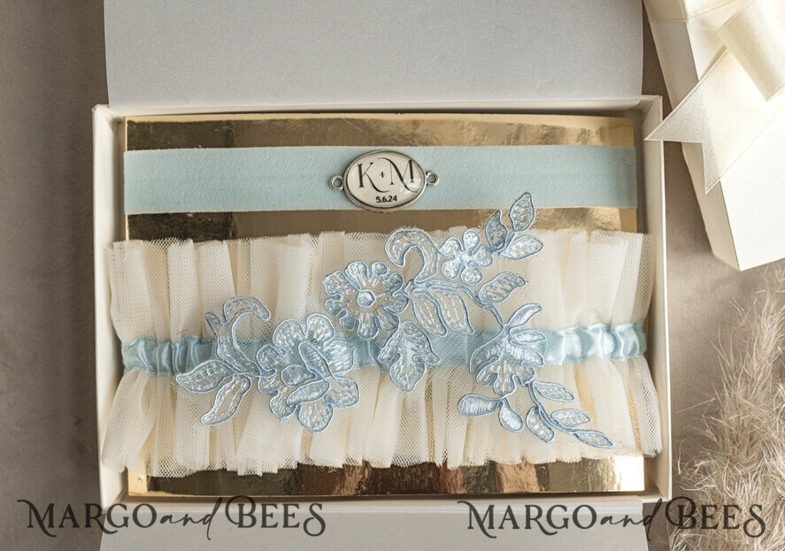 BRIDE bolero, robes, garter GARTER FOR BRIDE Set of Two gartes, personalised wedding garter in box, something blue tulle garter & personalised toss set, garter for bride, bridal shower gift for bride, tulle garter set, gift for bride, toss garter