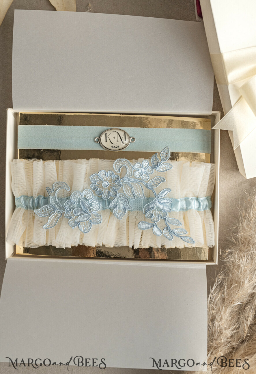 BRIDE bolero, robes, garter GARTER FOR BRIDE Set of Two gartes, personalised wedding garter in box, something blue tulle garter & personalised toss set, garter for bride, bridal shower gift for bride, tulle garter set, gift for bride, toss garter