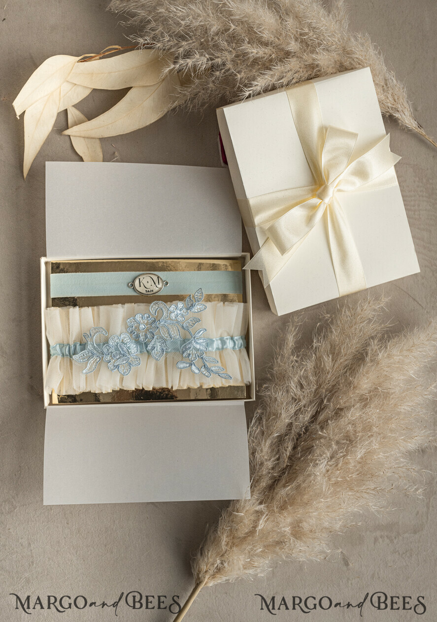 BRIDE bolero, robes, garter GARTER FOR BRIDE Set of Two gartes, personalised wedding garter in box, something blue tulle garter & personalised toss set, garter for bride, bridal shower gift for bride, tulle garter set, gift for bride, toss garter