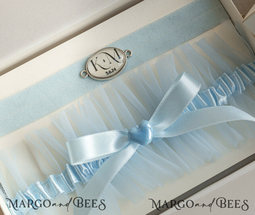 BRIDE bolero, robes, garter GARTER FOR BRIDE Set of Two gartes, personalised wedding garter in box, something blue tulle garter & personalised toss set, garter for bride, bridal shower gift for bride, tulle garter set, gift for bride, toss garter