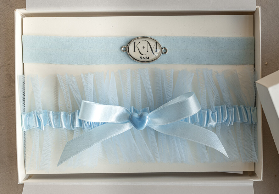 BRIDE bolero, robes, garter GARTER FOR BRIDE Set of Two gartes, personalised wedding garter in box, something blue tulle garter & personalised toss set, garter for bride, bridal shower gift for bride, tulle garter set, gift for bride, toss garter