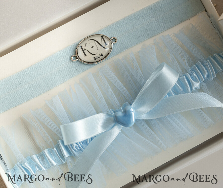 BRIDE bolero, robes, garter GARTER FOR BRIDE Set of Two gartes, personalised wedding garter in box, something blue tulle garter & personalised toss set, garter for bride, bridal shower gift for bride, tulle garter set, gift for bride, toss garter