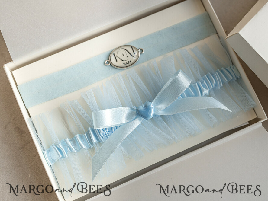 BRIDE bolero, robes, garter GARTER FOR BRIDE Set of Two gartes, personalised wedding garter in box, something blue tulle garter & personalised toss set, garter for bride, bridal shower gift for bride, tulle garter set, gift for bride, toss garter