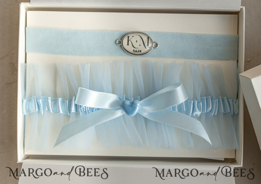 BRIDE bolero, robes, garter GARTER FOR BRIDE Set of Two gartes, personalised wedding garter in box, something blue tulle garter & personalised toss set, garter for bride, bridal shower gift for bride, tulle garter set, gift for bride, toss garter