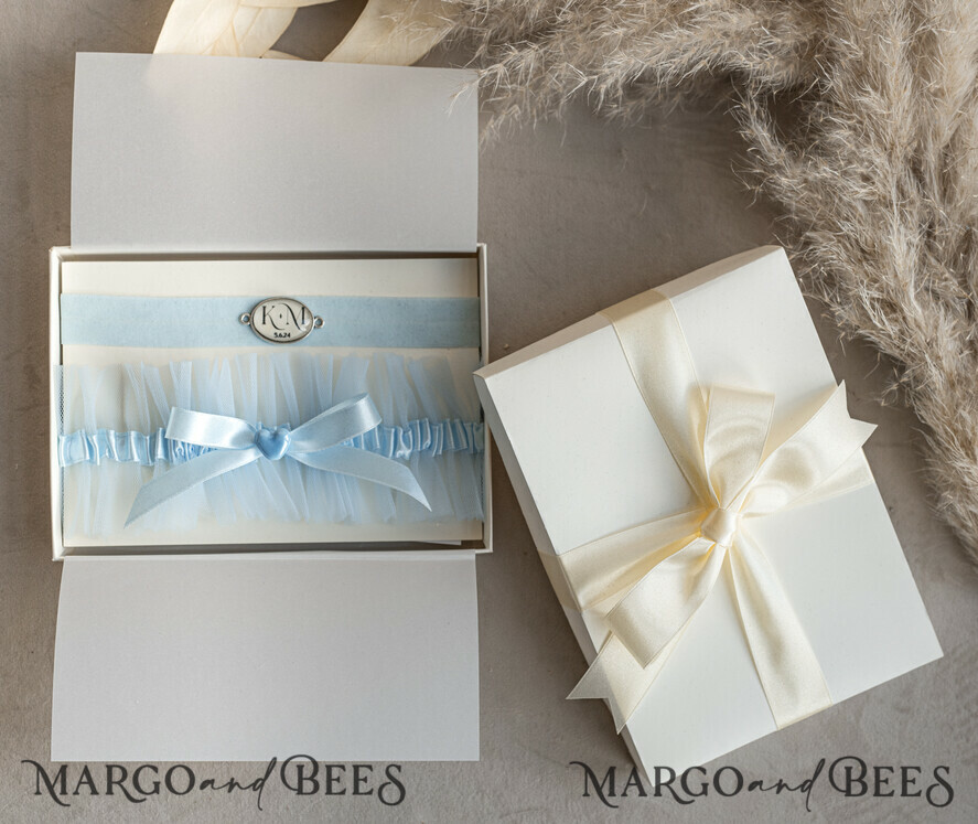 BRIDE bolero, robes, garter GARTER FOR BRIDE Set of Two gartes, personalised wedding garter in box, something blue tulle garter & personalised toss set, garter for bride, bridal shower gift for bride, tulle garter set, gift for bride, toss garter