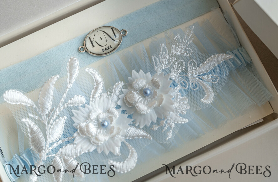 BRIDE bolero, robes, garter GARTER FOR BRIDE Set of Two gartes, personalised wedding garter in box, something blue tulle garter & personalised toss set, garter for bride, bridal shower gift for bride, tulle garter set, gift for bride, toss garter