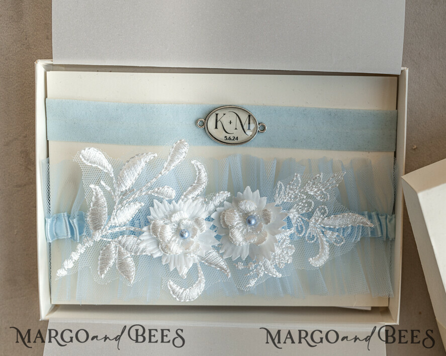 BRIDE bolero, robes, garter GARTER FOR BRIDE Set of Two gartes, personalised wedding garter in box, something blue tulle garter & personalised toss set, garter for bride, bridal shower gift for bride, tulle garter set, gift for bride, toss garter