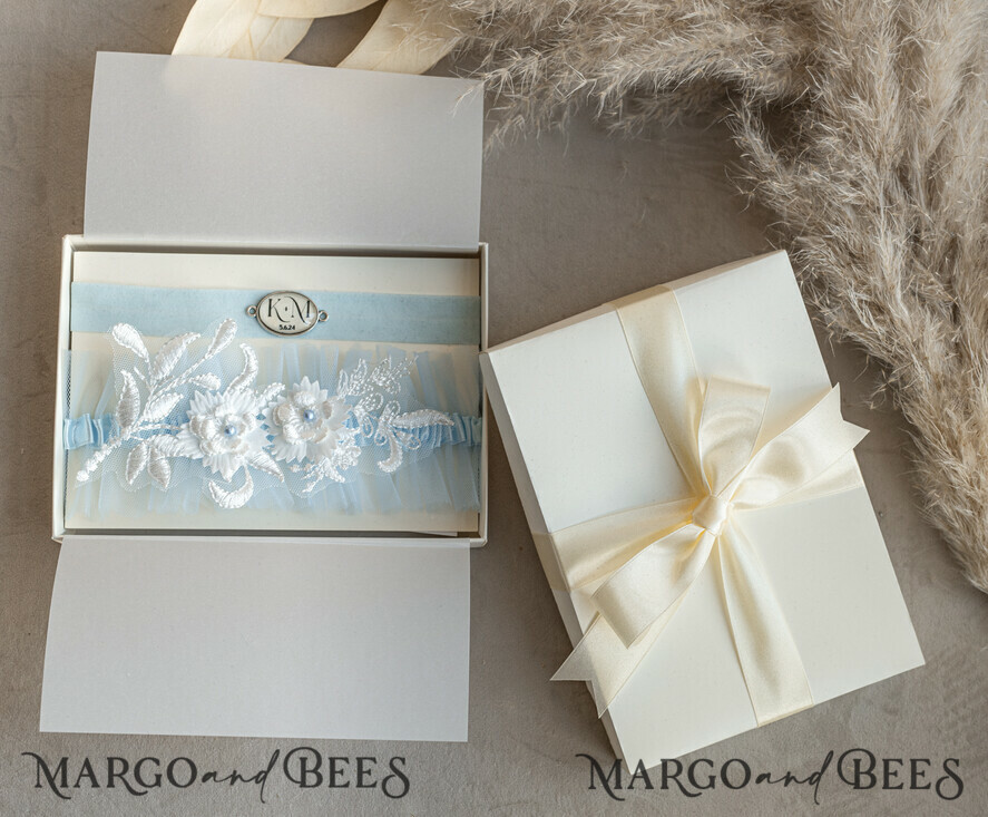 BRIDE bolero, robes, garter GARTER FOR BRIDE Set of Two gartes, personalised wedding garter in box, something blue tulle garter & personalised toss set, garter for bride, bridal shower gift for bride, tulle garter set, gift for bride, toss garter
