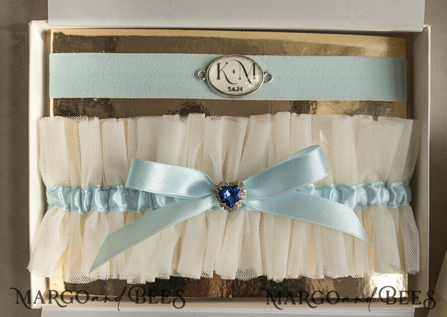 BRIDE bolero, robes, garter GARTER FOR BRIDE Set of Two gartes, personalised wedding garter in box, something blue tulle garter & personalised toss set, garter for bride, bridal shower gift for bride, tulle garter set, gift for bride, toss garter