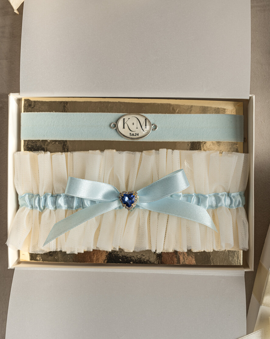 BRIDE bolero, robes, garter GARTER FOR BRIDE Set of Two gartes, personalised wedding garter in box, something blue tulle garter & personalised toss set, garter for bride, bridal shower gift for bride, tulle garter set, gift for bride, toss garter