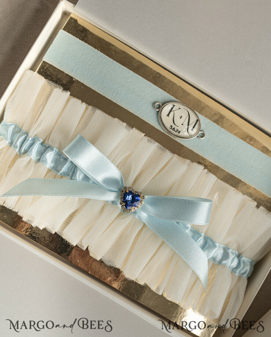 BRIDE bolero, robes, garter GARTER FOR BRIDE Set of Two gartes, personalised wedding garter in box, something blue tulle garter & personalised toss set, garter for bride, bridal shower gift for bride, tulle garter set, gift for bride, toss garter