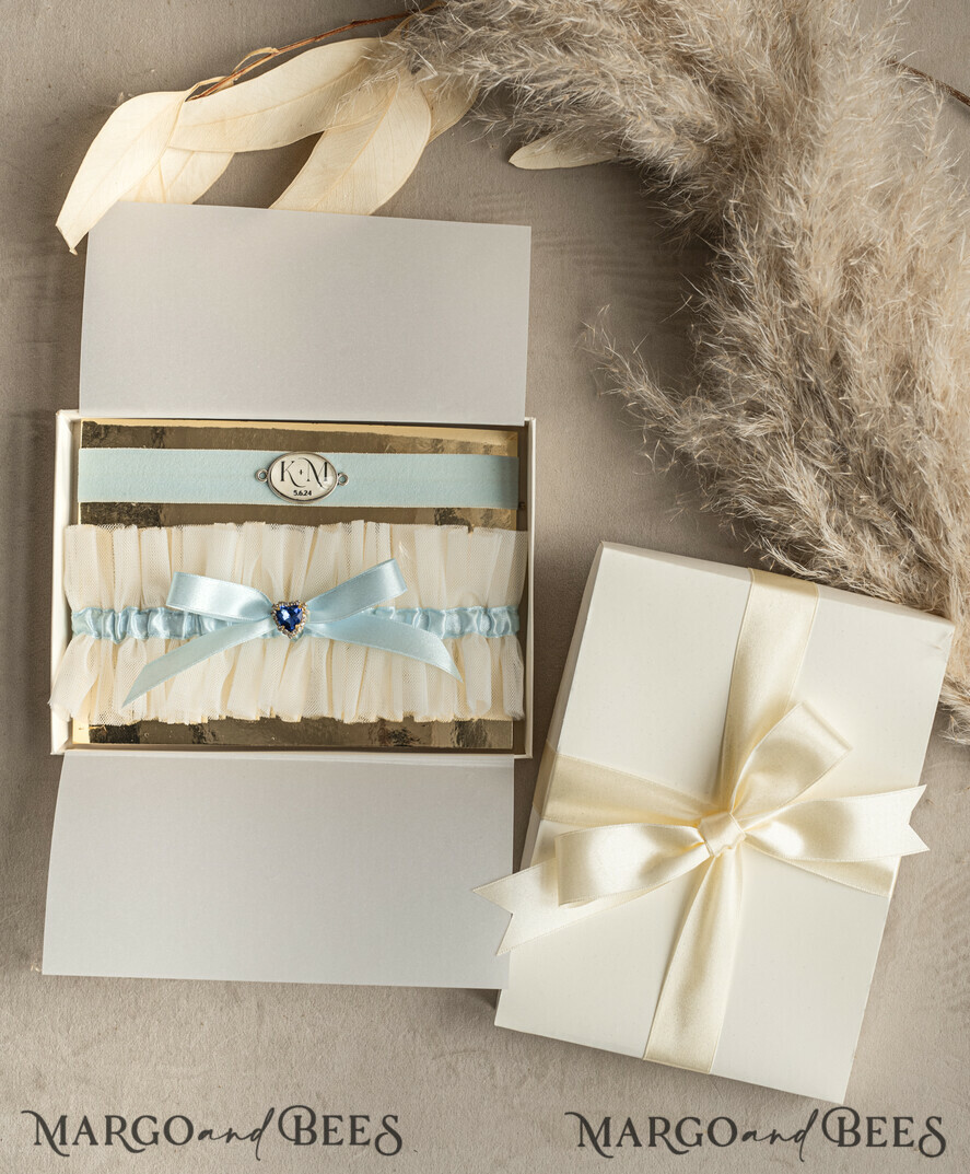 BRIDE bolero, robes, garter GARTER FOR BRIDE Set of Two gartes, personalised wedding garter in box, something blue tulle garter & personalised toss set, garter for bride, bridal shower gift for bride, tulle garter set, gift for bride, toss garter
