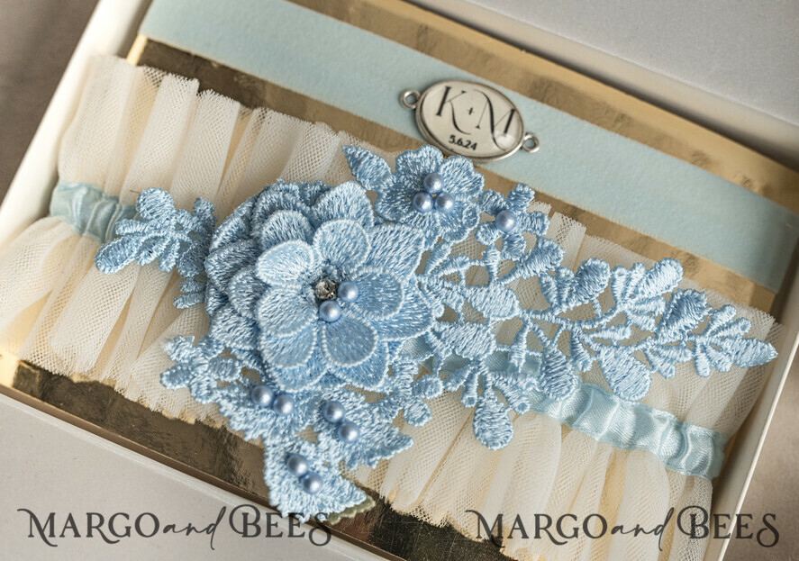 BRIDE bolero, robes, garter GARTER FOR BRIDE Set of Two gartes, personalised wedding garter in box, something blue tulle garter & personalised toss set, garter for bride, bridal shower gift for bride, tulle garter set, gift for bride, toss garter