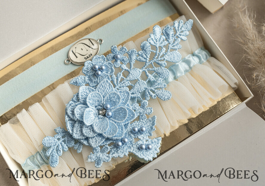 BRIDE bolero, robes, garter GARTER FOR BRIDE Set of Two gartes, personalised wedding garter in box, something blue tulle garter & personalised toss set, garter for bride, bridal shower gift for bride, tulle garter set, gift for bride, toss garter