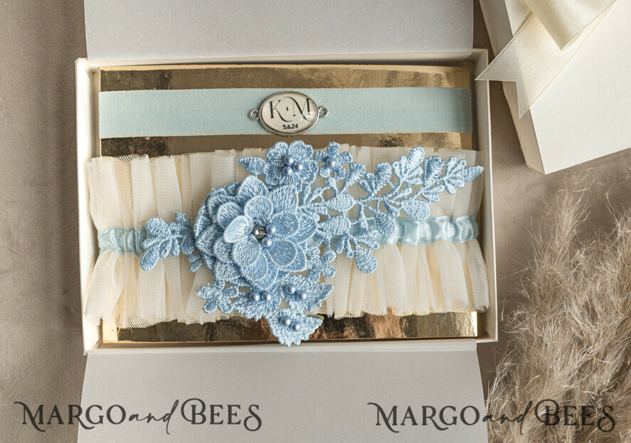 BRIDE bolero, robes, garter GARTER FOR BRIDE Set of Two gartes, personalised wedding garter in box, something blue tulle garter & personalised toss set, garter for bride, bridal shower gift for bride, tulle garter set, gift for bride, toss garter