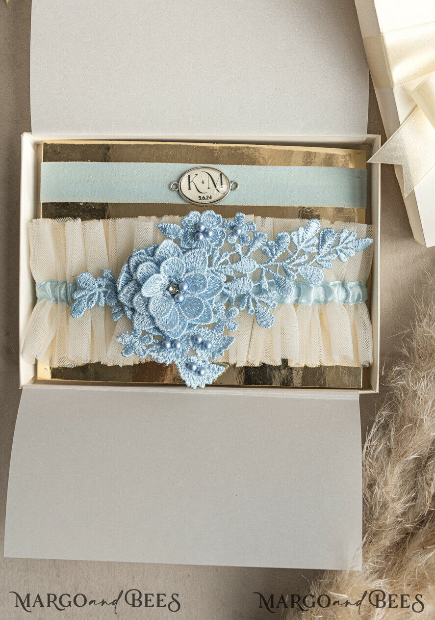 BRIDE bolero, robes, garter GARTER FOR BRIDE Set of Two gartes, personalised wedding garter in box, something blue tulle garter & personalised toss set, garter for bride, bridal shower gift for bride, tulle garter set, gift for bride, toss garter