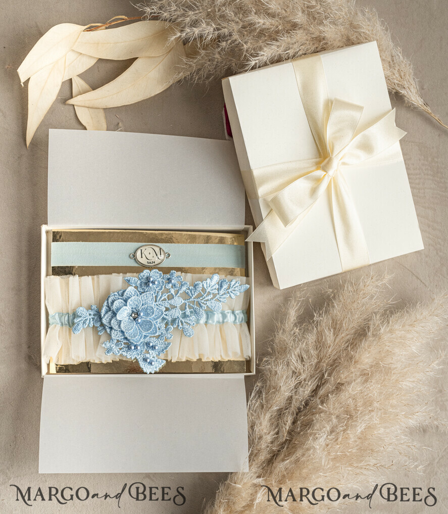 BRIDE bolero, robes, garter GARTER FOR BRIDE Set of Two gartes, personalised wedding garter in box, something blue tulle garter & personalised toss set, garter for bride, bridal shower gift for bride, tulle garter set, gift for bride, toss garter