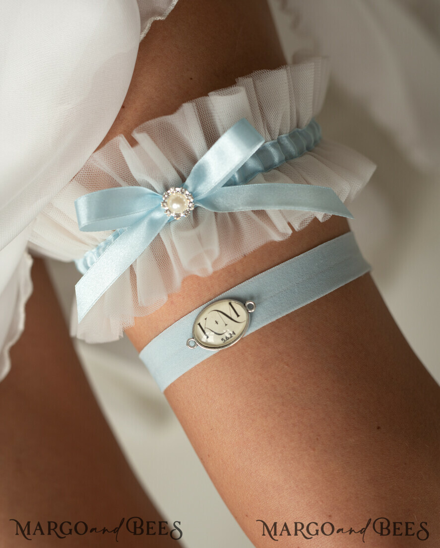 BRIDE bolero, robes, garter GARTER FOR BRIDE Set of Two gartes, personalised wedding garter in box, something blue tulle garter & personalised toss set, garter for bride, bridal shower gift for bride, tulle garter set, gift for bride, toss garter