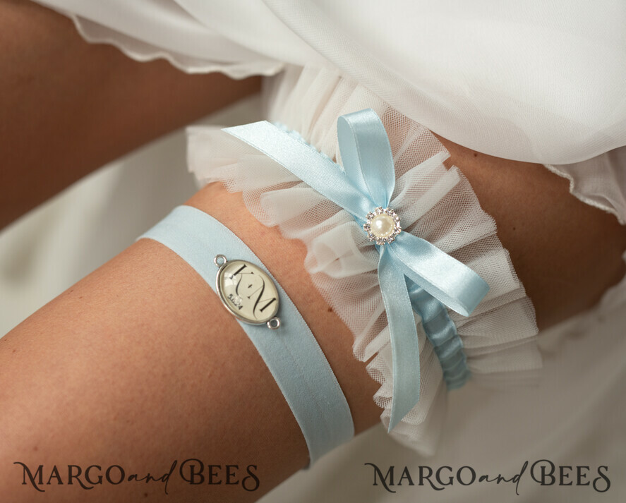 BRIDE bolero, robes, garter GARTER FOR BRIDE Set of Two gartes, personalised wedding garter in box, something blue tulle garter & personalised toss set, garter for bride, bridal shower gift for bride, tulle garter set, gift for bride, toss garter