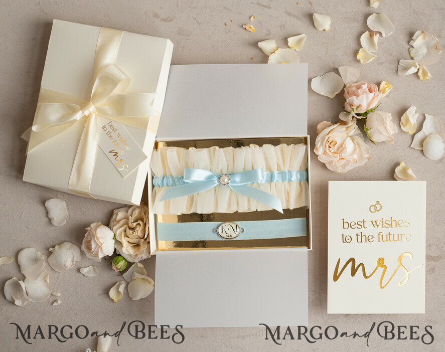 BRIDE bolero, robes, garter GARTER FOR BRIDE Set of Two gartes, personalised wedding garter in box, something blue tulle garter & personalised toss set, garter for bride, bridal shower gift for bride, tulle garter set, gift for bride, toss garter