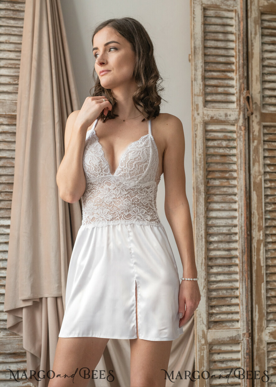 BRIDE bolero, robes, garter NIGHTGOWN / SLIP White Lace nightgown Silk satin for Bride, Bridal Slip, Honeymoon lingerie, Bridal lingerie Bride nightgown