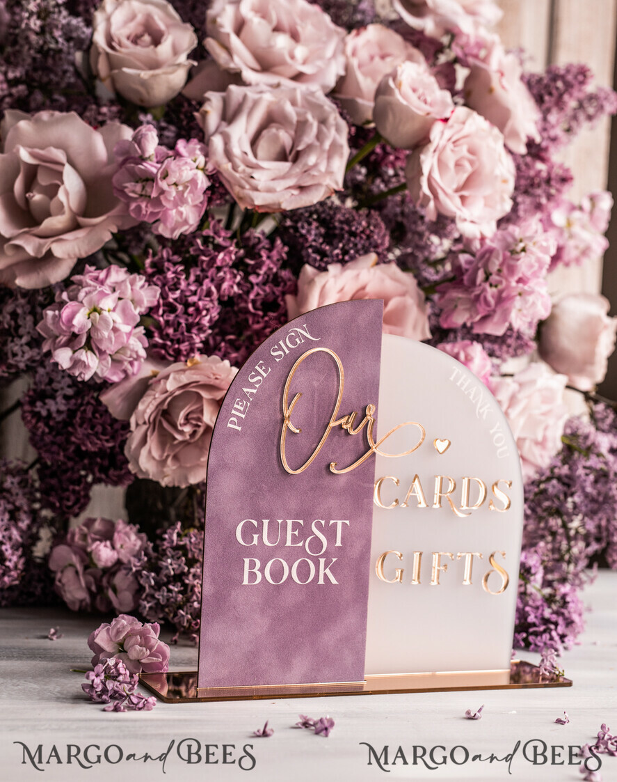TABLE DECOR SIGNS Guestbook & Cards Gifts Signs Golden Acrylic gifts & cards signs with stand, Mauve Velvet and gold guestbook Sign, Gold Mauve gifts & cards signs, Luxury Wedding guestbook Decor