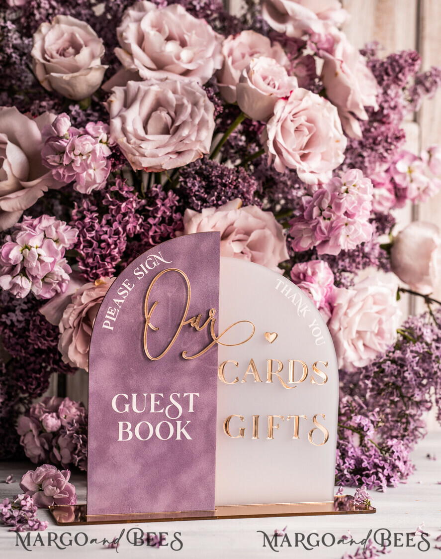 TABLE DECOR SIGNS Guestbook & Cards Gifts Signs Golden Acrylic gifts & cards signs with stand, Mauve Velvet and gold guestbook Sign, Gold Mauve gifts & cards signs, Luxury Wedding guestbook Decor