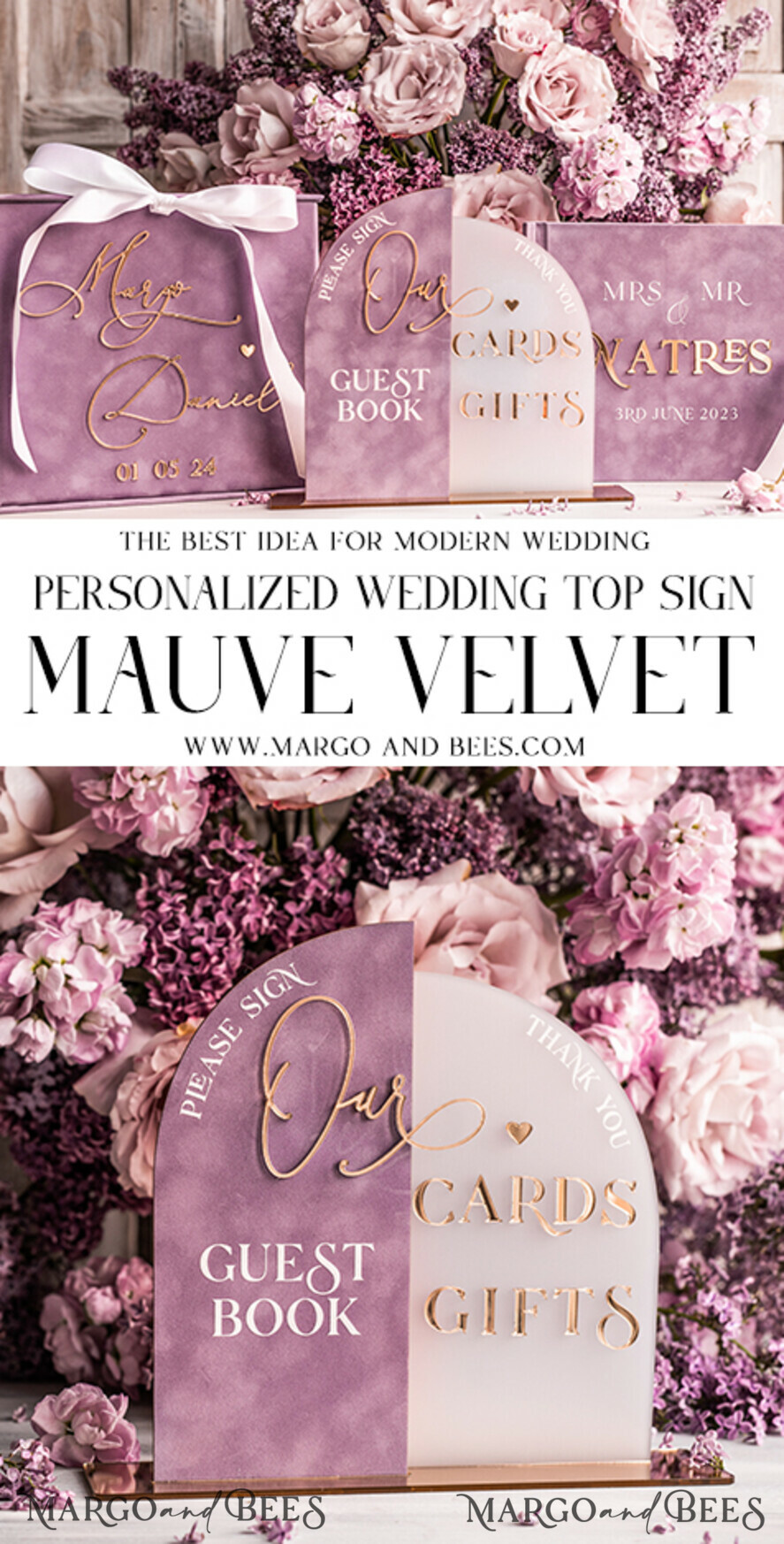 TABLE DECOR SIGNS Guestbook & Cards Gifts Signs Golden Acrylic gifts & cards signs with stand, Mauve Velvet and gold guestbook Sign, Gold Mauve gifts & cards signs, Luxury Wedding guestbook Decor