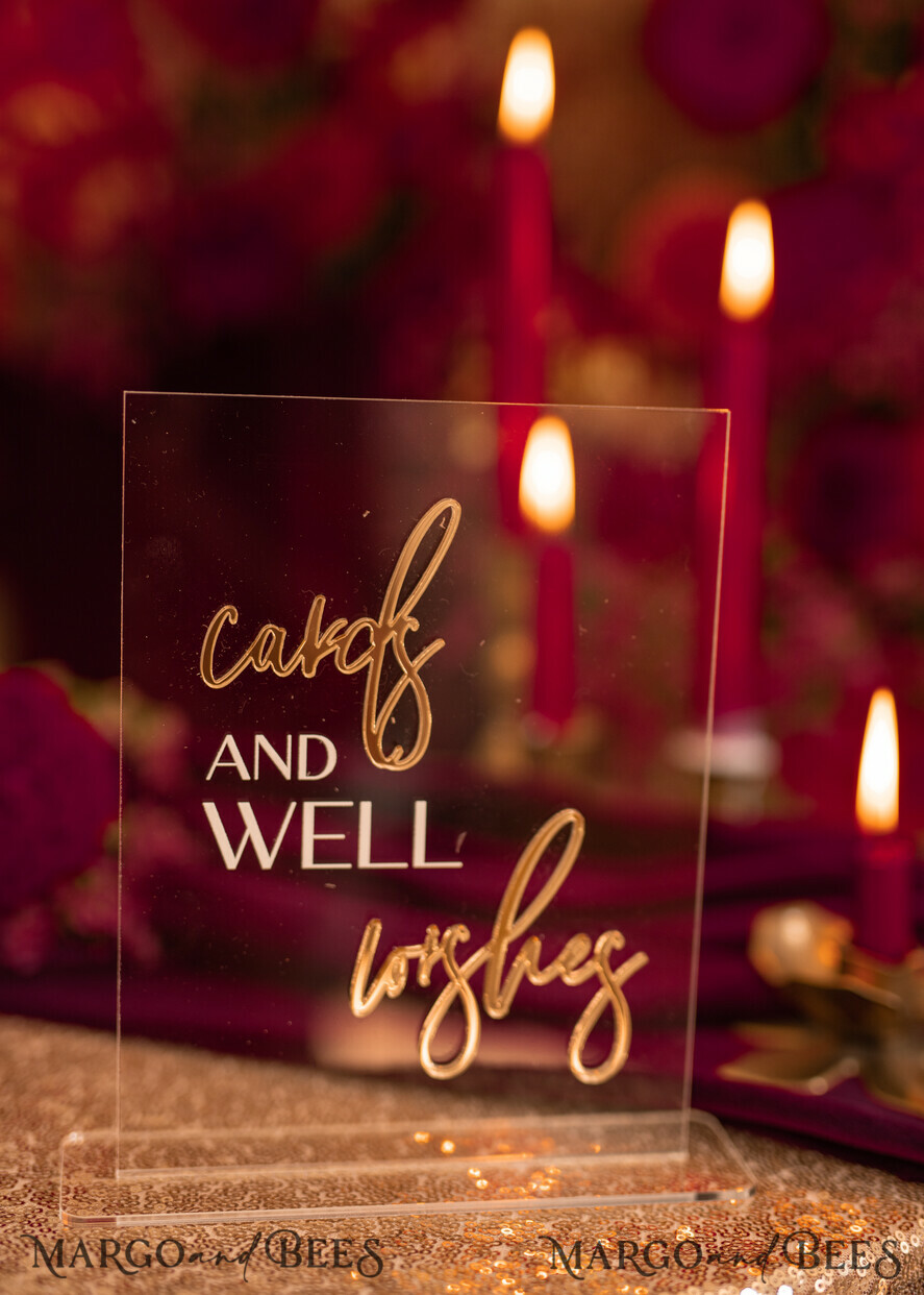 TABLE DECOR SIGNS Guestbook & Cards Gifts Signs Transparent Acrylic Cards And Well Wishes Sign, Clear Acrylic And Gold Sign, Gold Plexi Sign, Luxury Wedding Table Decor, Wedding Signage Golden Mirror Cards