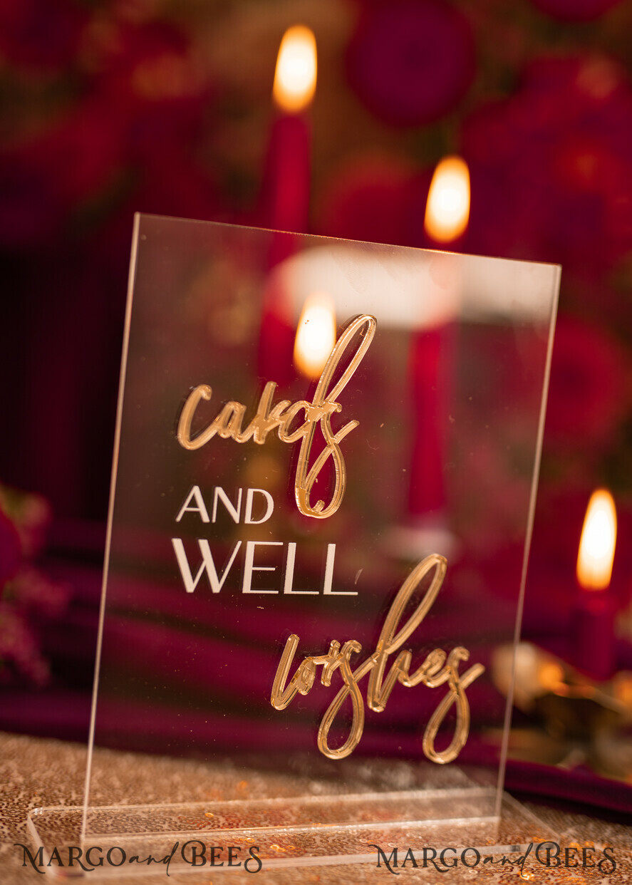 TABLE DECOR SIGNS Guestbook & Cards Gifts Signs Transparent Acrylic Cards And Well Wishes Sign, Clear Acrylic And Gold Sign, Gold Plexi Sign, Luxury Wedding Table Decor, Wedding Signage Golden Mirror Cards