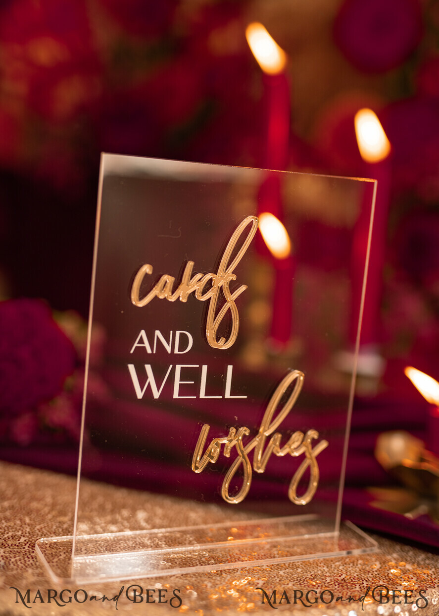 TABLE DECOR SIGNS Guestbook & Cards Gifts Signs Transparent Acrylic Cards And Well Wishes Sign, Clear Acrylic And Gold Sign, Gold Plexi Sign, Luxury Wedding Table Decor, Wedding Signage Golden Mirror Cards