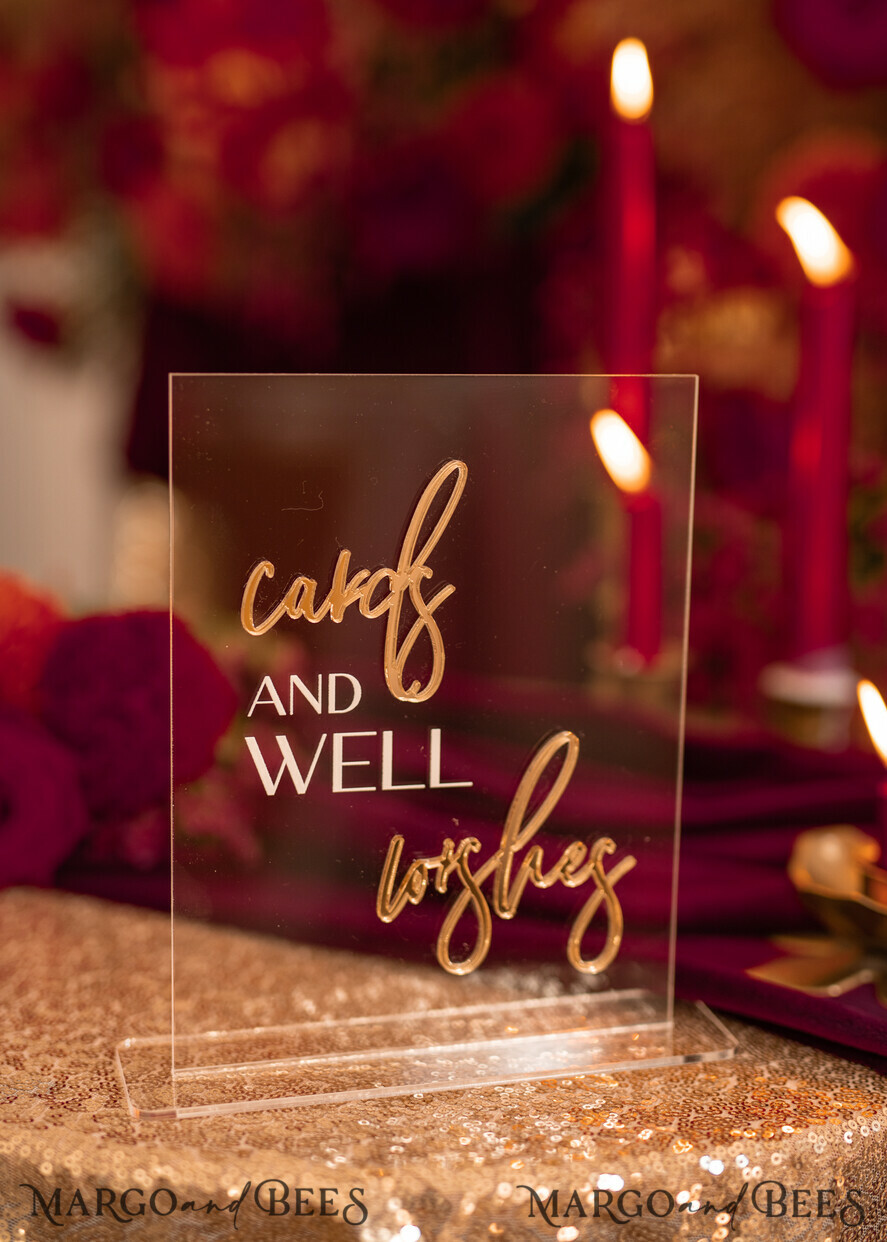 TABLE DECOR SIGNS Guestbook & Cards Gifts Signs Transparent Acrylic Cards And Well Wishes Sign, Clear Acrylic And Gold Sign, Gold Plexi Sign, Luxury Wedding Table Decor, Wedding Signage Golden Mirror Cards
