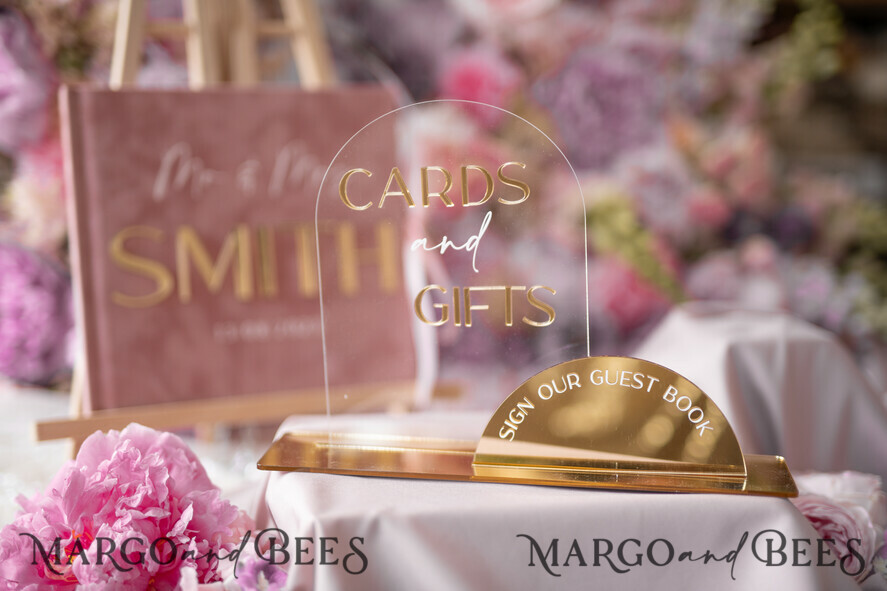 TABLE DECOR SIGNS Guestbook & Cards Gifts Signs Golden Acrylic gifts & cards signs with stand, blush pink Velvet and gold guestbook Sign, Golden Plexi gifts & cards signs, Luxury Wedding guestbook Decor Centerpieces