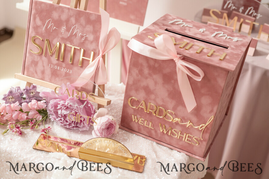 TABLE DECOR SIGNS Guestbook & Cards Gifts Signs Golden Acrylic gifts & cards signs with stand, blush pink Velvet and gold guestbook Sign, Golden Plexi gifts & cards signs, Luxury Wedding guestbook Decor Centerpieces