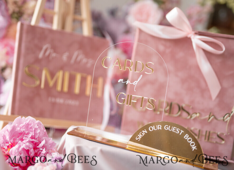 TABLE DECOR SIGNS Guestbook & Cards Gifts Signs Golden Acrylic gifts & cards signs with stand, blush pink Velvet and gold guestbook Sign, Golden Plexi gifts & cards signs, Luxury Wedding guestbook Decor Centerpieces