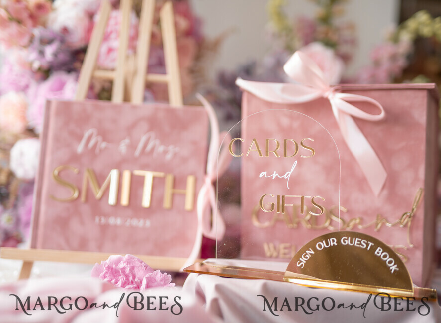 TABLE DECOR SIGNS Guestbook & Cards Gifts Signs Golden Acrylic gifts & cards signs with stand, blush pink Velvet and gold guestbook Sign, Golden Plexi gifts & cards signs, Luxury Wedding guestbook Decor Centerpieces