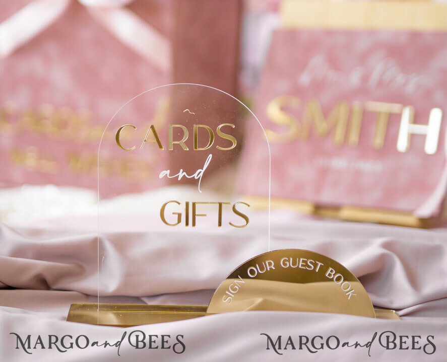 TABLE DECOR SIGNS Guestbook & Cards Gifts Signs Golden Acrylic gifts & cards signs with stand, blush pink Velvet and gold guestbook Sign, Golden Plexi gifts & cards signs, Luxury Wedding guestbook Decor Centerpieces